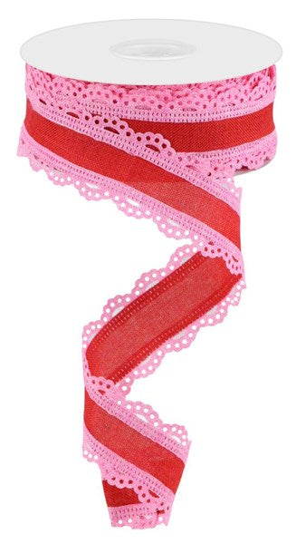 Red with pink lace edge 1.5 inched x 10 Yards (30 Feet) wired Ribbon 