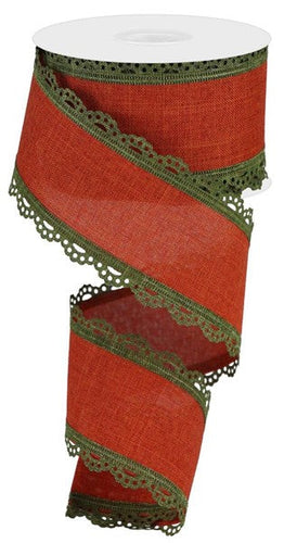 Fall Lace Scalloped Edge Royal Burlap Wired Ribbon (Rust Red Brown, Moss Green) - 2.5 Inches x 10 Yards (30 Feet)