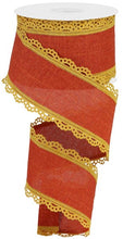 Load image into Gallery viewer, Wired burlap ribbon with orange fabric and yellow lace edge, perfect for fall wreaths, crafts, and home décor projects.
