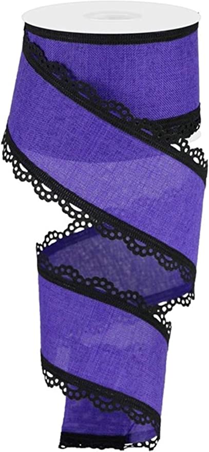 Scalloped Edge Royal Ribbon : New Purple - Solid Purple Scalloped Black Lace Wired Edge Ribbon - 2.5 Inches x 10 Yards (30 Feet)