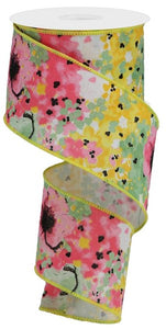 Painted Floral on Canvas Wired Ribbon : White, Pink, Sage Green, Yellow - 2.5 Inches x 10 Yards (30 Feet)