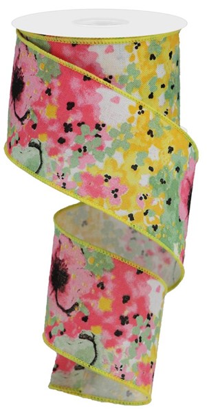 Painted Floral on Canvas Wired Ribbon : White, Pink, Sage Green, Yellow - 2.5 Inches x 10 Yards (30 Feet)