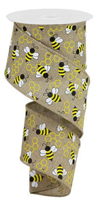 Mini Bumblebees on Canvas Wired Ribbon, 10 Yards (Light Beige, 2.5 Inches)