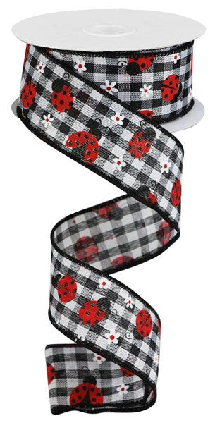 Mini Ladybugs Wired Ribbon : Black White Red 1.5 inches x 10 yards (30 feet)