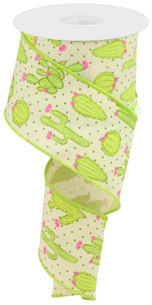 Cactus Wired Ribbon : Cream Ivory, Beige, Green, Pink - 2.5 Inches x 10 Yards (30 Feet)
