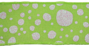 Glitter Polka Dots Royal Canvas Wired Ribbon : Bright Green, White  - 2.5 Inches x 10 Yards (30 Feet)