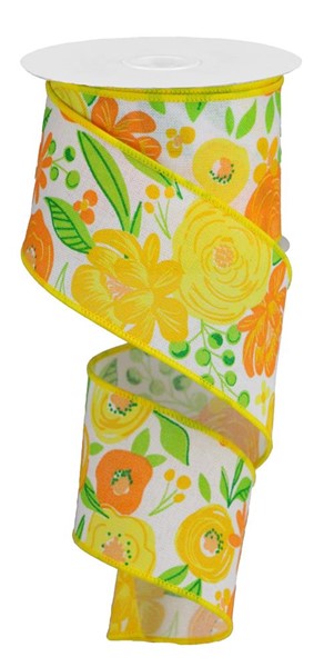 Bold Blooms Floral Royal Canvas Wired Edge Ribbon - 10 Yards (Orange, Green, Yellow, 2.5