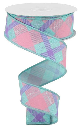 Glitter Plaid Royal Wired Ribbon : Ice Blue Blue - 1.5 Inches x 10 Yards (30 Feet)