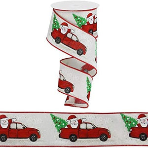 Ho Ho Ho Santa in Truck - Christmas Wired Edge Ribbon - 2.5" x 10 Yards (Ivory)