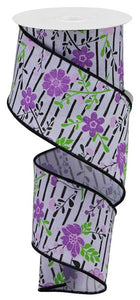 Floral Pattern with Black Stripes Wired Ribbon : Multi Lavender Purple - 2.5 Inches x 10 Yards (30 Feet)