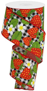 Strawberries Check Royal Canvas Wired Ribbon - 10 Yards (Black, White, Red, 2.5 Inches)