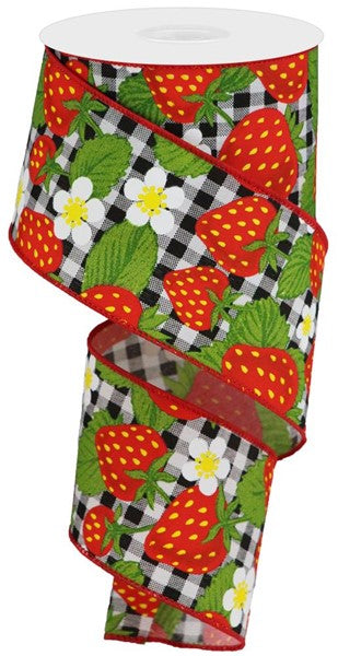 Strawberries Check Royal Canvas Wired Ribbon - 10 Yards (Black, White, Red, 2.5 Inches)