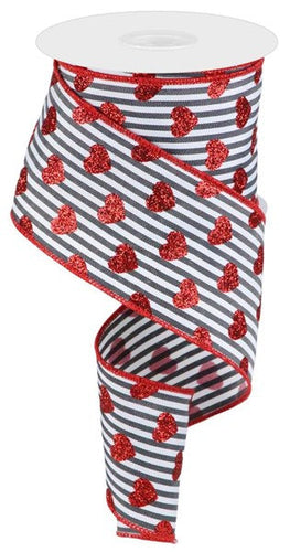 Glitter Hearts & Stripes Wired Ribbon : Black, Red, White - 2.5 Inches x 10 Yards (30 Feet)