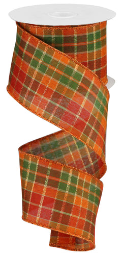 Woven Metallic Plaid Fall Thanksgiving Ribbon : Orange, Beige, Green, Gold (2.5 Inches x 10 Yards)