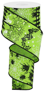 Graveyard Halloween Canvas Wired Ribbon - 10 Yards (Lime Green, White, Black, 2.5 Inches)