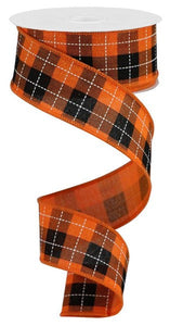 Printed Woven Check Wired Ribbon : Orange, Black, White - 1.5 Inches x 10 Yards (30 Feet)