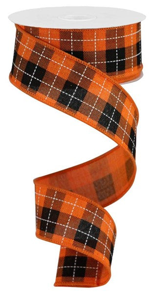 Printed Woven Check Wired Ribbon : Orange, Black, White - 1.5 Inches x 10 Yards (30 Feet)