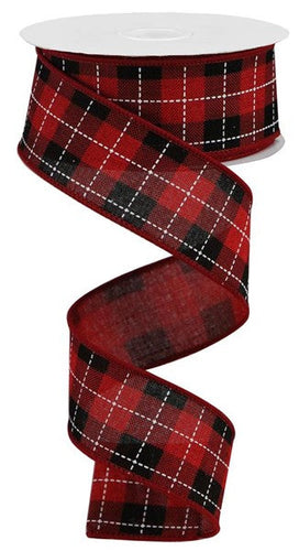 Printed Woven Check Wired Ribbon : Red, Black, White - 1.5 Inches x 10 Yards (30 Feet)