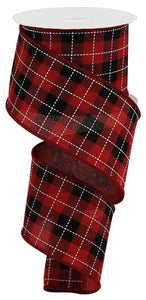 Printed Woven Check Wired Ribbon : Red, Black, White - 2.5 Inches x 10 Yards (30 Feet)