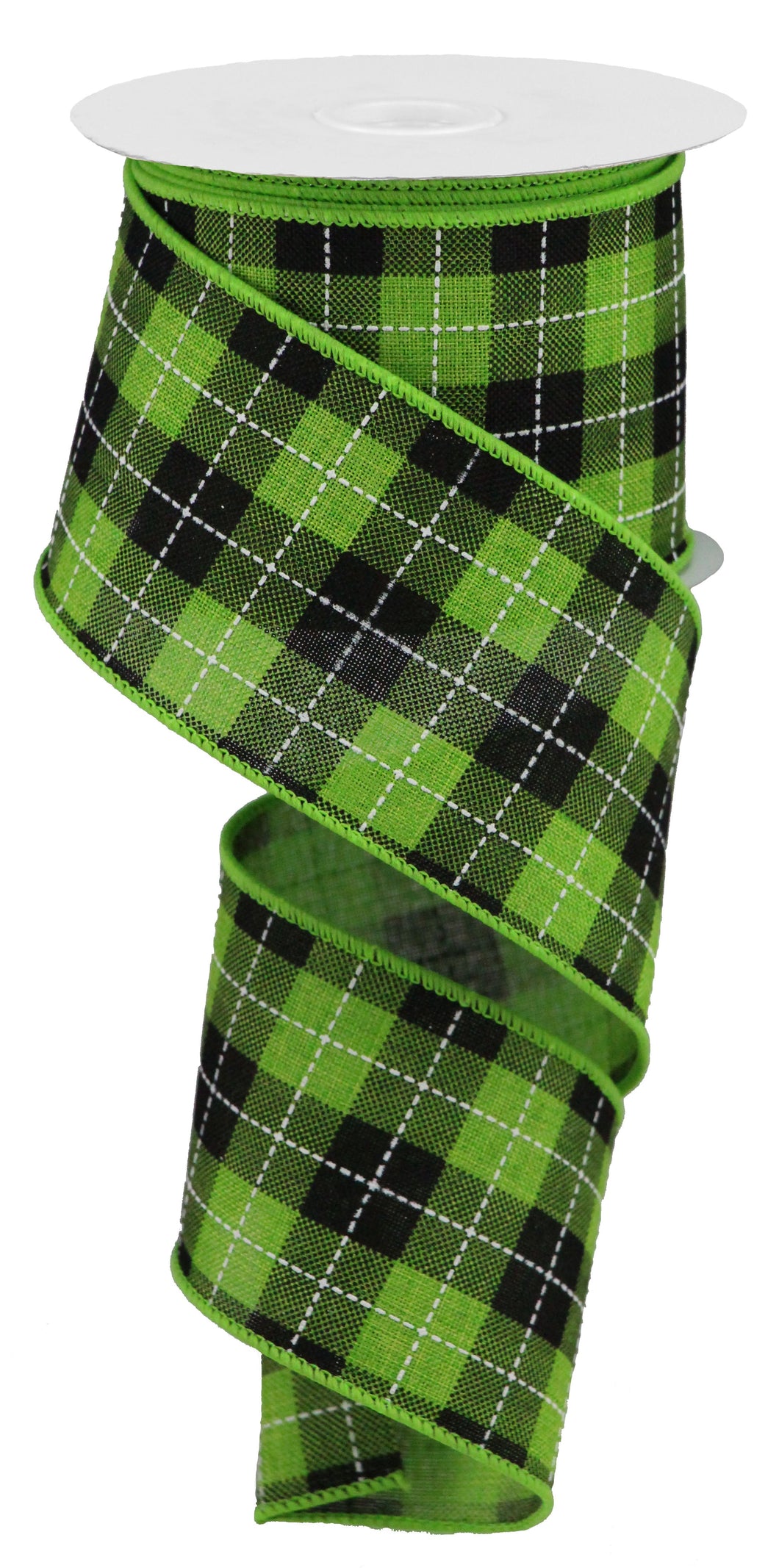 Printed Woven Check Wired Ribbon : Fresh Green, Black, White - 2.5 Inches x 10 Yards (30 Feet)