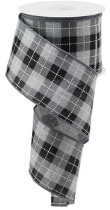 Checkered Checked Plaid Royal Wired Ribbon (Black, Grey Gray, White) 2.5 Inches x 10 Yards (30 Feet)