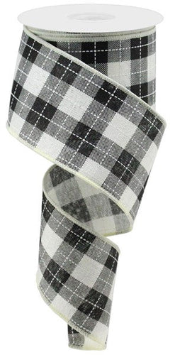Printed Woven Check Wired Ribbon : Ivory, Black, White - 2.5 Inches x 10 Yards (30 Feet)