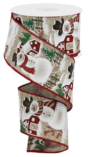 Iridescent Snowman Royal Wired Ribbon : Beige, Brown, Red, White - 2.5 Inches x 10 Yards (30 Feet)