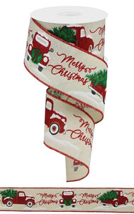 Merry Christmas with Truck Ribbon : Cream Red Farm Truck Ribbon - 2.5 Inches x 10 Yards (30 Feet)