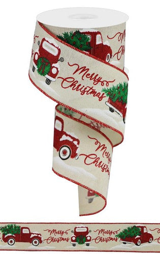 Merry Christmas with Truck Ribbon : Cream Red Farm Truck Ribbon - 2.5 Inches x 10 Yards (30 Feet)