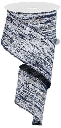 Christmas Glitter Metallic Streaks Canvas Wired Ribbon - Navy Blue, White, Silver - 2.5 Inches x 10 Yards (30 Feet)