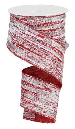 Christmas Glitter Metallic Streaks Canvas Wired Ribbon - Red, White, Silver, - 2.5 Inches x 10 Yards (30 Feet)