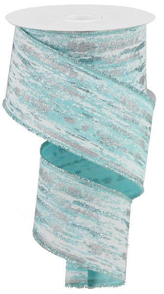 Christmas Glitter Metallic Streaks Canvas Wired Ribbon - Ice Blue, White, Silver, - 2.5 Inches x 10 Yards (30 Feet)