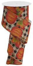 Load image into Gallery viewer, Wired fall ribbon with pumpkins and leaves on black and white checkered background, perfect for autumn wreaths and crafts.
