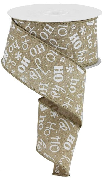 Christmas Ho Ho Ho Santa Burlap Canvas Wired Ribbon -Beige, White - 2.5 Inches x 10 Yards (30 Feet)