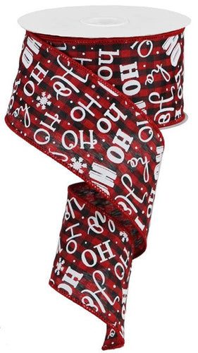 Christmas Ho Ho Ho Santa Buffalo Plaid Check Canvas Wired Ribbon - Red, Black, White - 2.5 Inches x 10 Yards (30 Feet)