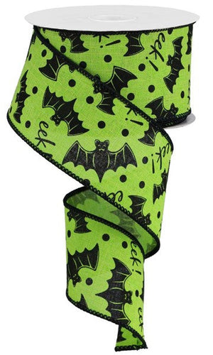 Bats Halloween Wired Ribbon : Lime Green, Black - 2.5 Inches x 10 Yards (30 Feet)