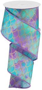 Mermaid Scales Watercolors Wired Ribbon : Purple, Turquoise Blue, Gold - 2.5 Inches x 10 Yards (30 Feet)