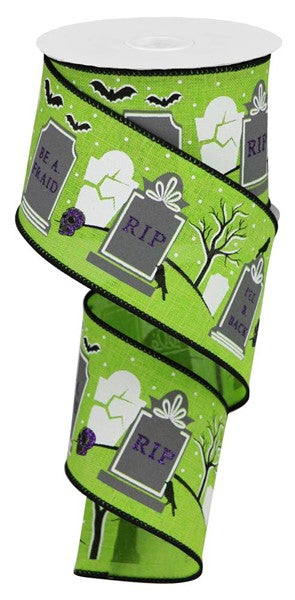 Halloween Graveyard Canvas Wired Ribbon - Lime Green, White, Black - 2.5 Inches x 10 Yards (30 Feet)