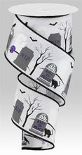Load image into Gallery viewer, Halloween wired ribbon with black cats, tombstones, and bats, perfect for spooky wreath decorations and crafts.
