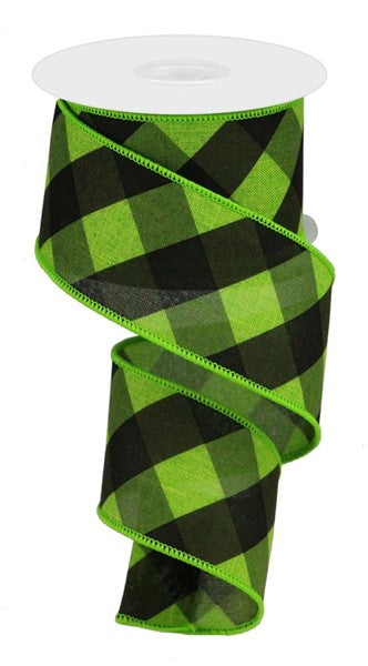 Bold Check Plaid Wired Ribbon : Lime Green, Black - 2.5 Inches X 100 Feet (33.3 Yards)