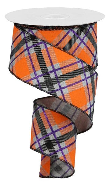 Glitter Plaid Orange Purple Halloween Wired Ribbon : - 2.5 Inches x 100 Feet (33.3 Yards)