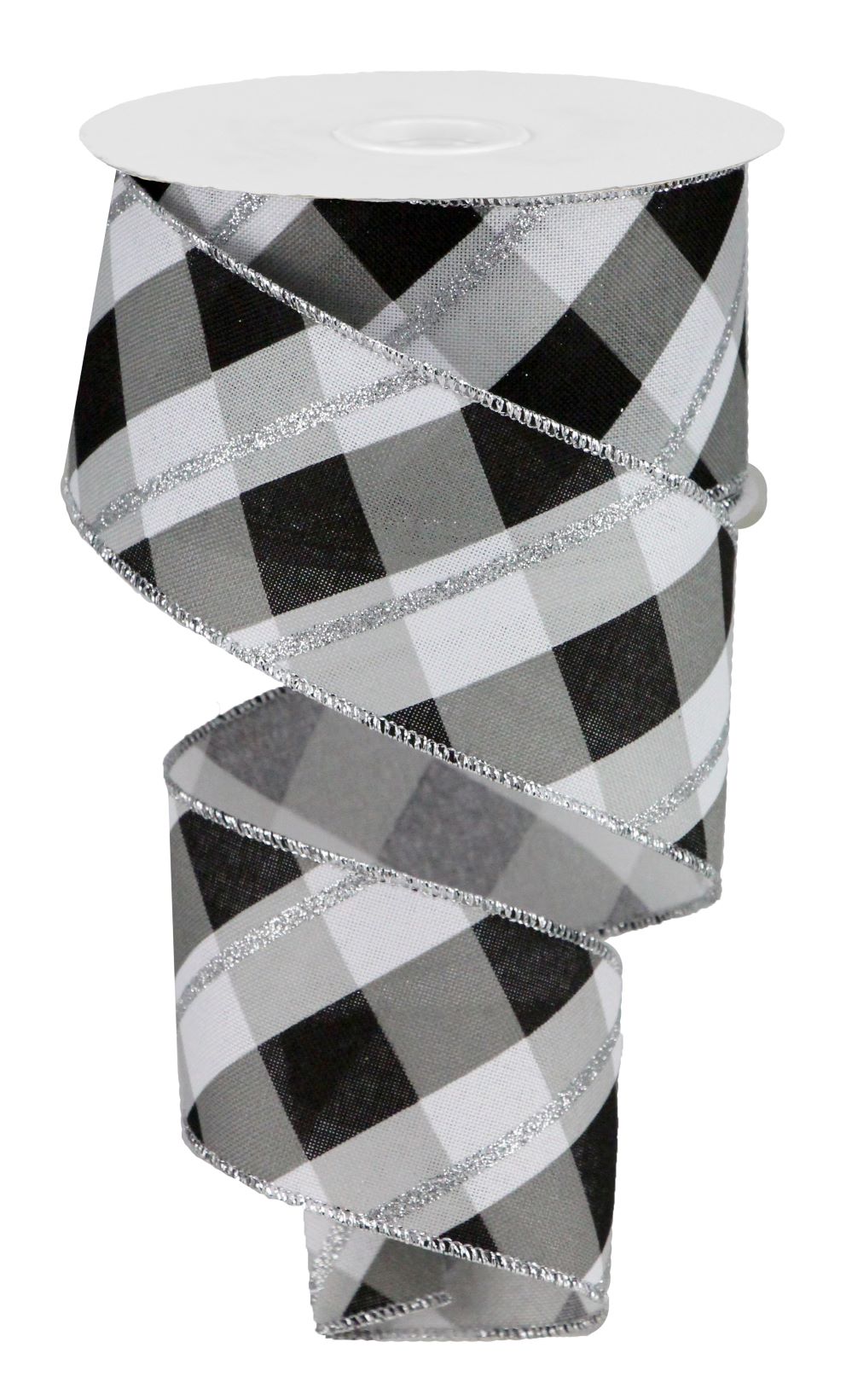 Black white silver check plaid - 2.5 Inches x 100 Feet (33.3 Yards)