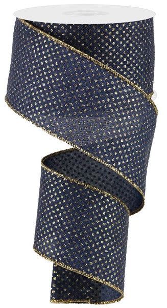 Glitter Micro Dot On Royal Wired Ribbon- Navy Blue/Light Gold - 2.5 Inches x 100 Feet (33.3 Yards)