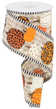 Load image into Gallery viewer, Wired fall ribbon with orange and black pumpkin designs on a striped background, perfect for autumn wreaths and decor.
