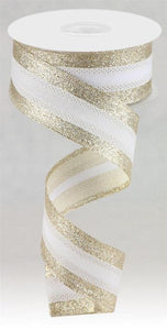 Christmas Metallic Striped Xmas Holiday Wired Edge Ribbon : Champagne White - 1.5" x 10 Yards (30 Feet)