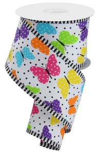 Butterflies with Dots & Stripes Wired Ribbon, 10 Yards (2.5 Inches, White, Bright Multi)