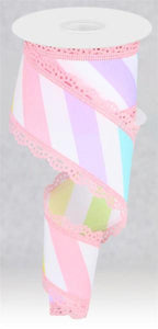 Large Diagonal Stripe Lace Wired Ribbon : Raindbow - 2.5 Inches x 10 Yards (30 Feet)