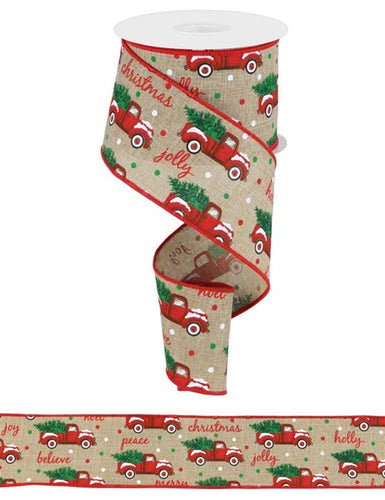 Christmas Farm Trucks Royal Wired Ribbon : Beige, White, Red, Green - 2.5 Inches x 10 Yards (30 Feet)