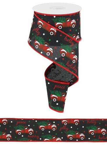 Christmas Farm Trucks Royal Wired Ribbon : Black, Red - 2.5 Inches x 10 Yards (30 Feet)