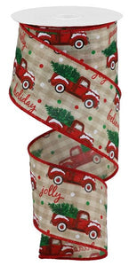 Christmas Trucks Farm Checked Wired Ribbon : Beige, Red - 2.5 Inches x 10 Yards (30 Feet)